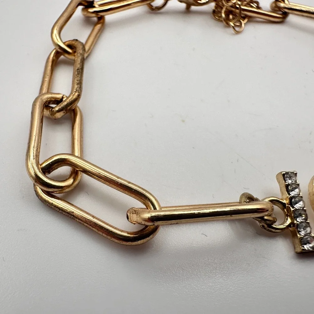 Vintage Y2K Gold Tone Rhinestone LOVE Paperclip Chain Bracelet for Women